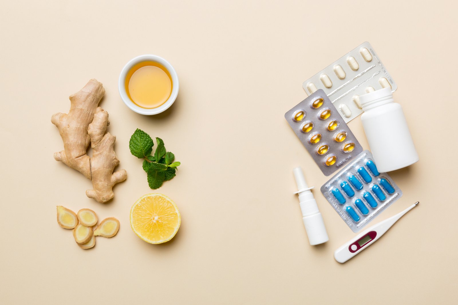 Natural cold and flu home remedies. Natural ingredients for immunity stimulation and viruses protection. top view flat lay.